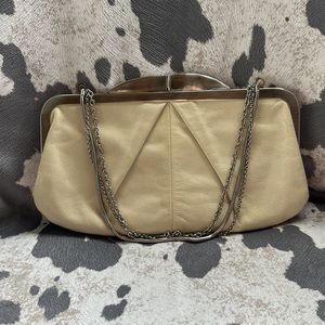 EUC Cream Leather HOBO Wallet Clutch Handbag with Chain Carrying Handle